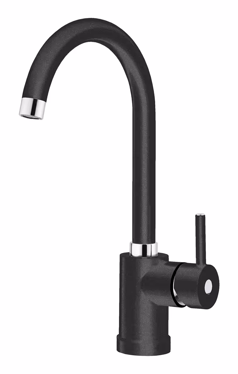 Rubinetto da cucina nero con collo curvo e maniglia laterale per il controllo dell'acqua, con accenti cromati sul beccuccio e sulla base; si integra perfettamente con Plados POLITEK10 - Miscelatore per un allestimento moderno della cucina.