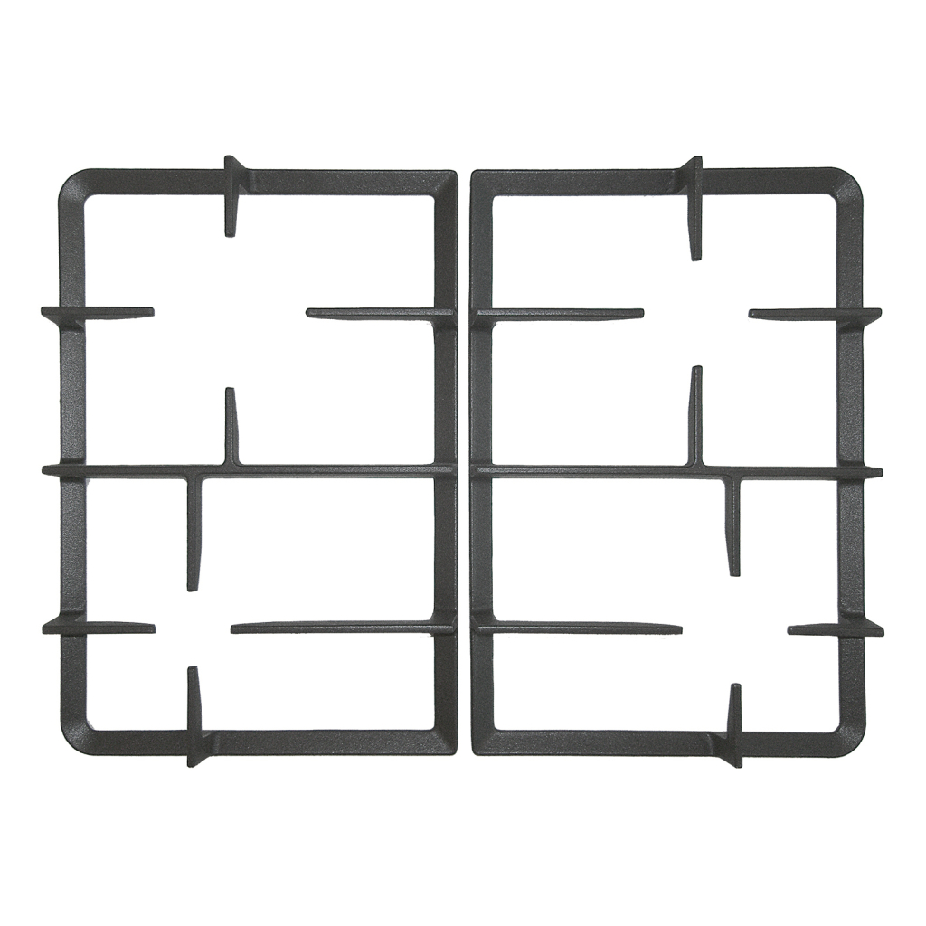Una griglia in metallo per piano cottura progettata per sostenere le pentole sopra i bruciatori, caratterizzata da uno schema a griglia simmetrico e quattro rebbi di supporto per sezione del bruciatore. Il modello Plados GRGHI62 - Griglie in ghisa garantisce stabilità e durata per le tue esigenze di cottura.
