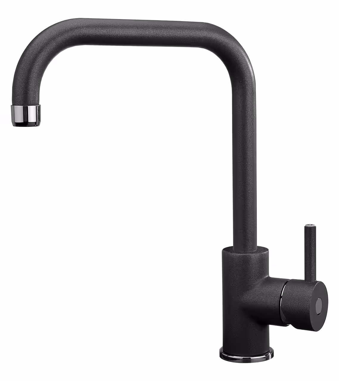Un elegante rubinetto da cucina nero con maniglia monocomando e bocca ad arco alto, il Plados VENMIX20 - Miscelatore porta eleganza e funzionalità al tuo spazio.