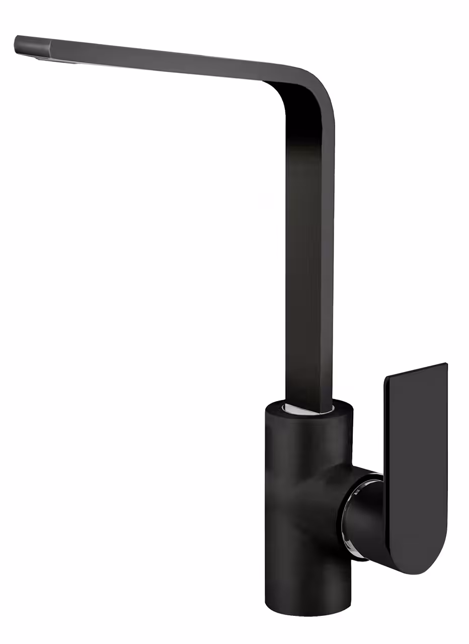 Un rubinetto nero elegante e moderno con un design curvo e angolare e una maniglia a leva singola, il Miscelatore Plados MIG10 aggiunge un tocco di raffinatezza a qualsiasi configurazione della cucina.