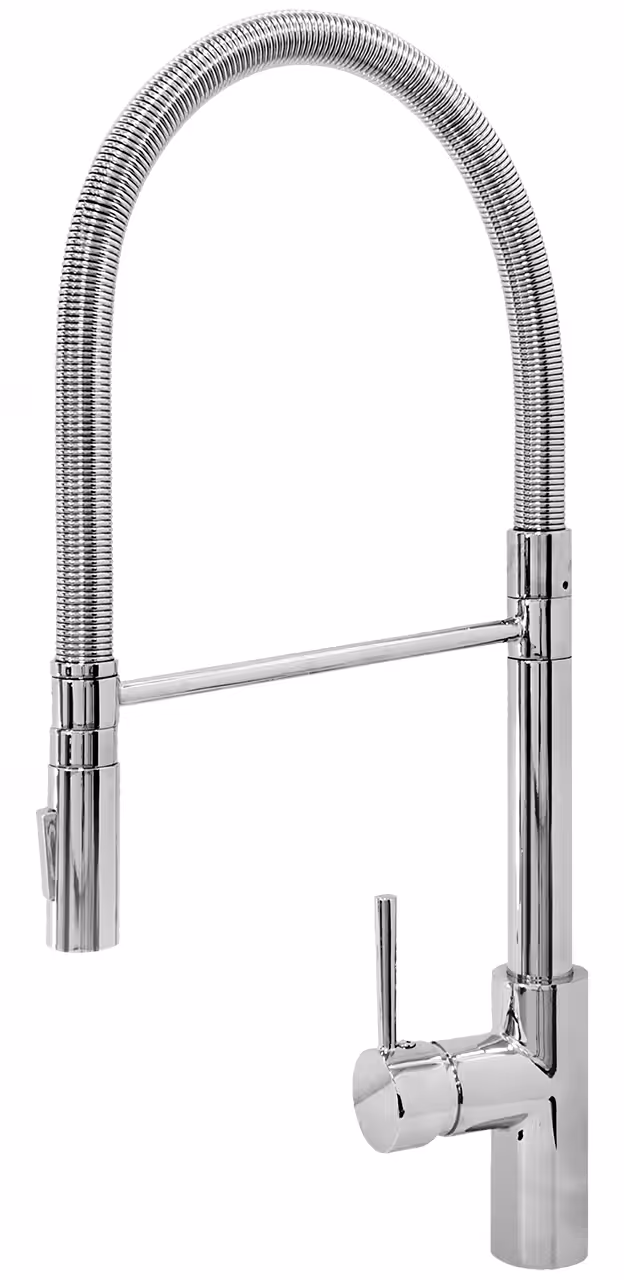 Un moderno rubinetto da cucina in acciaio inox con bocca alta e curva e maniglia monocomando laterale, caratterizzato dal design elegante del Plados SPRINGP30 - Miscelatore.