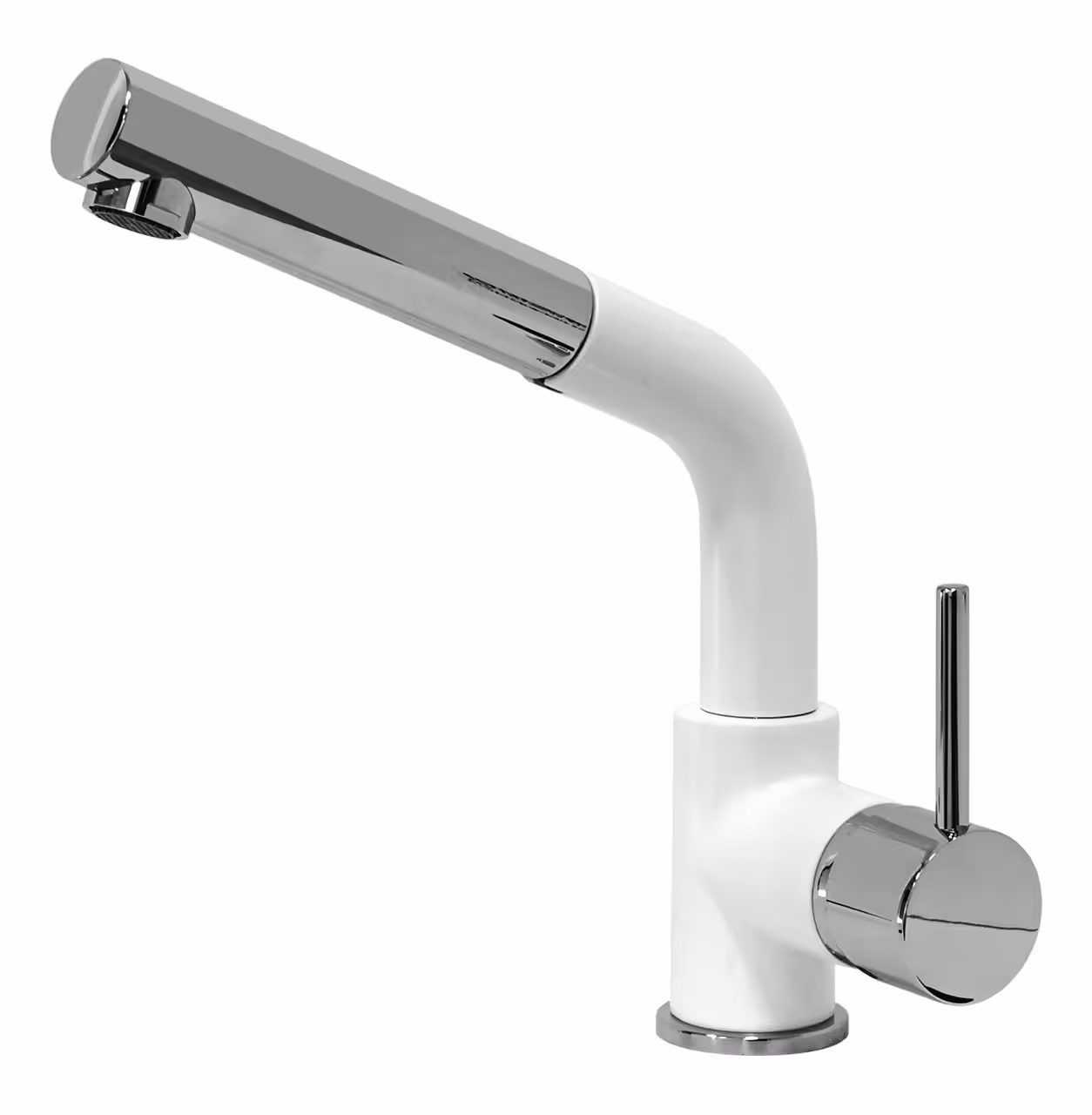Un moderno rubinetto da cucina Plados VENMIXEXT - Miscelatore bianco e cromato con maniglia monocomando e dal design elegante.