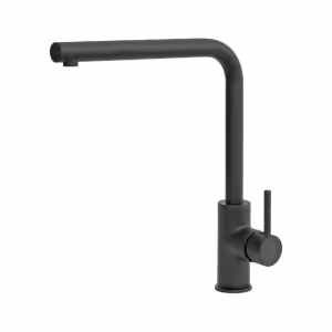 Rubinetto da cucina nero con bocca quadrata ad arco alto e maniglia monocomando, montato su una base cilindrica, presenta l'elegante design Plados COLONNA - Miscelatore (Copia).