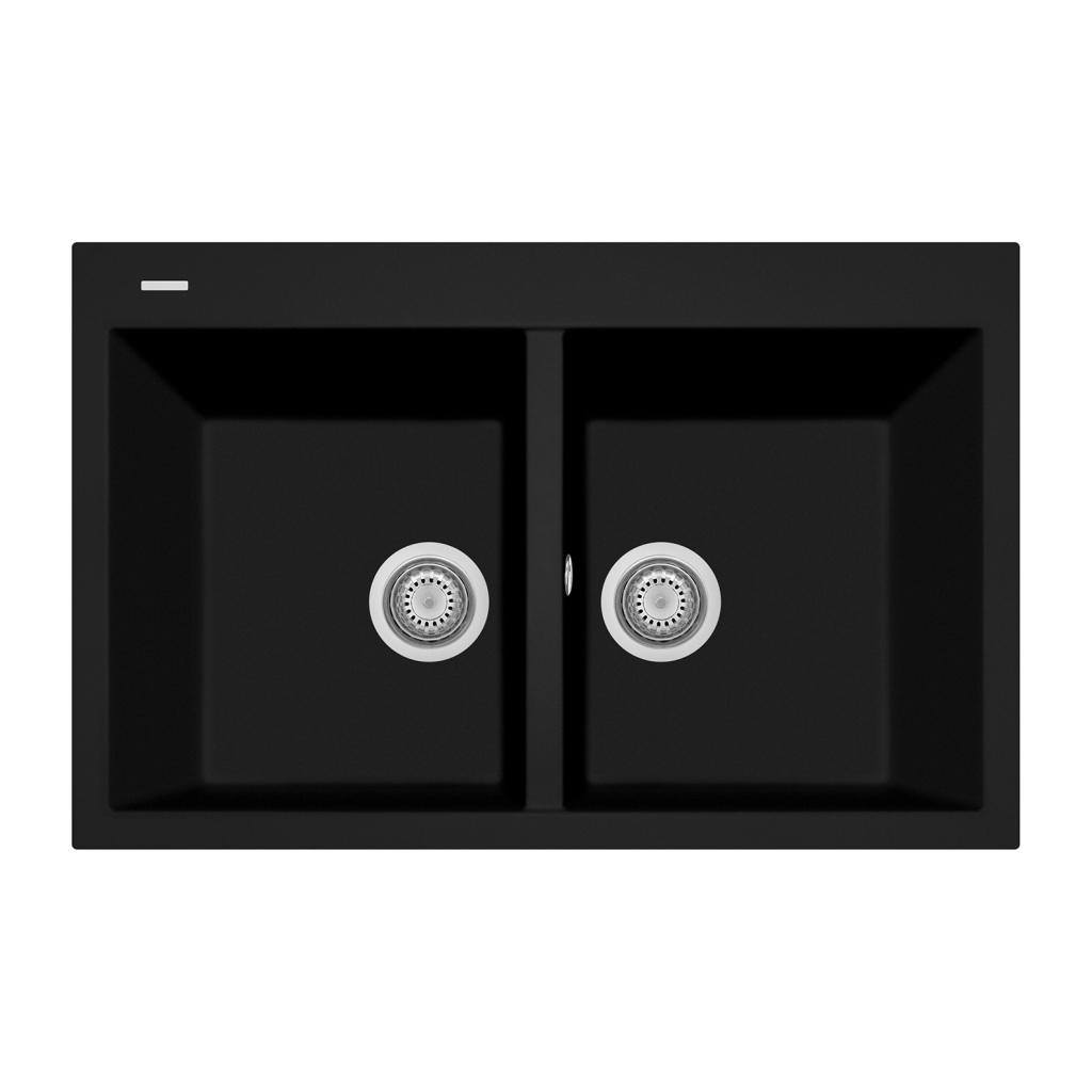 Una vista dall'alto di un doppio lavello da cucina nero con scarichi argentati in ogni vasca.