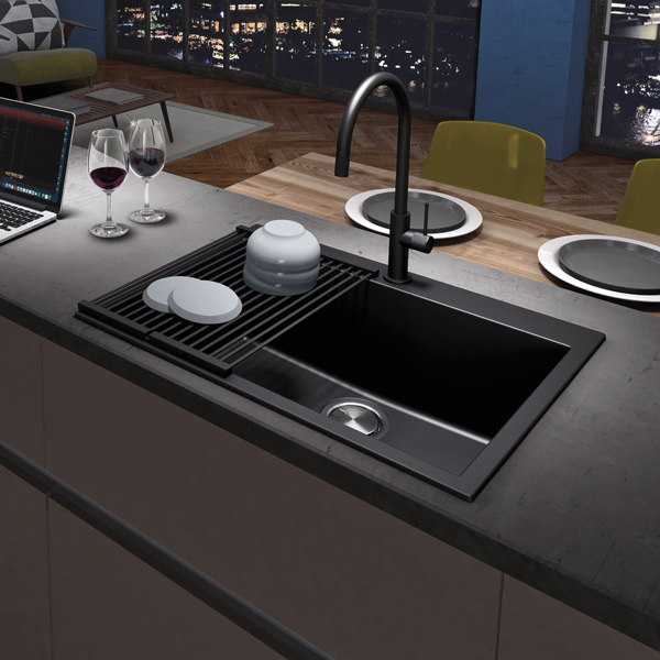 Lavello moderno Plados Infinity con piatti e bicchieri su bancone