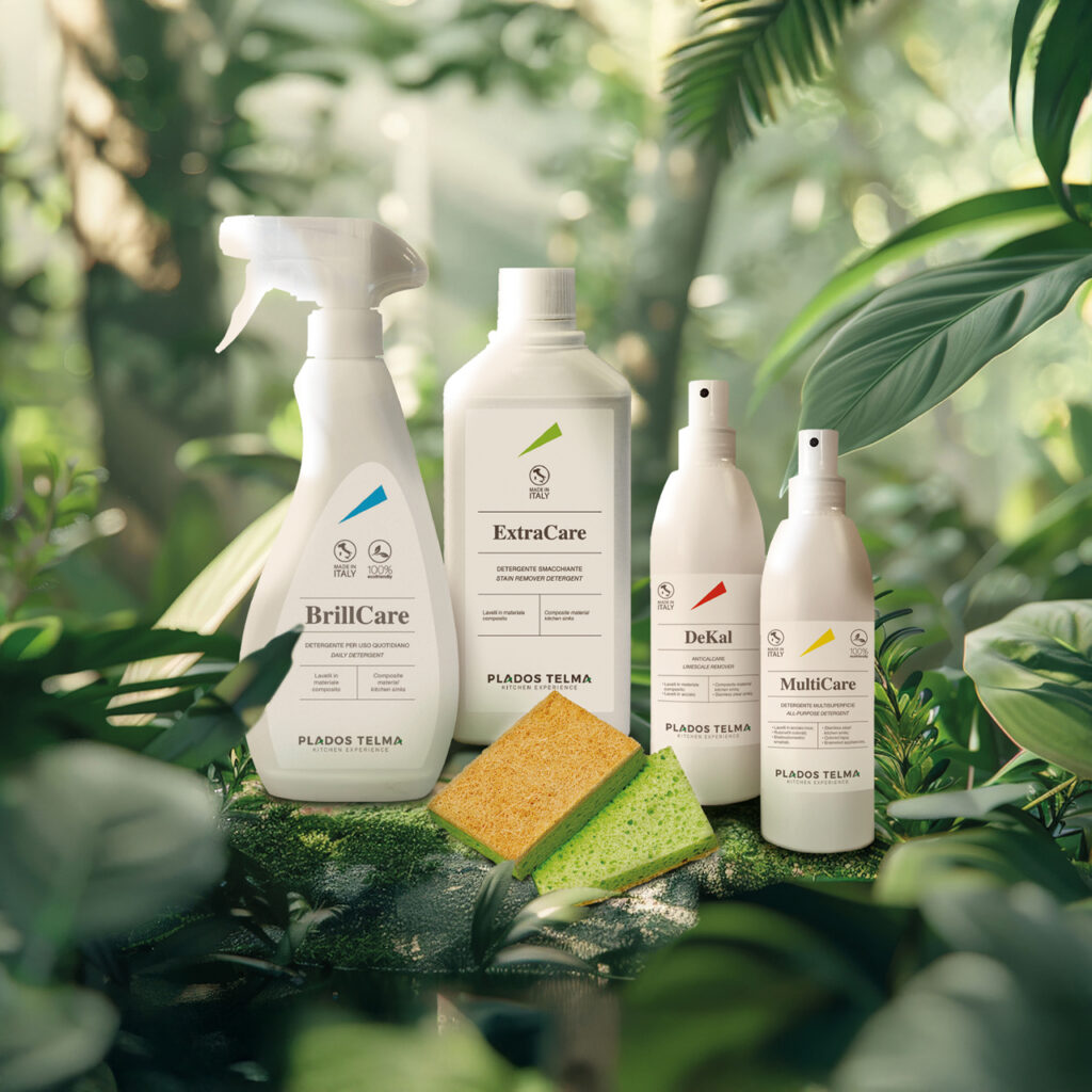 Prodotti detergenti ecologici tra piante verdi.