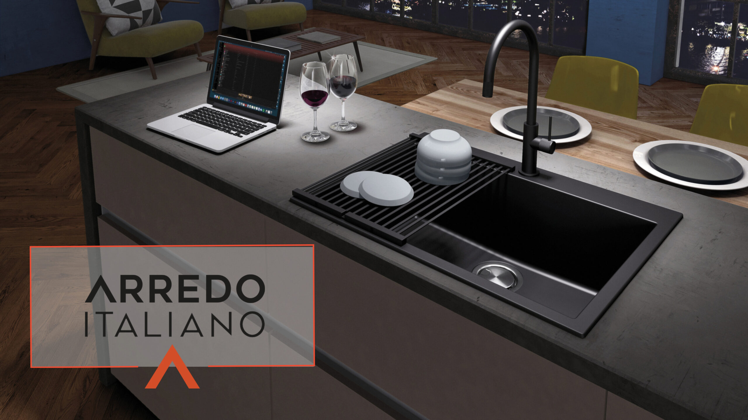 Cucina moderna con lavello e computer portatile