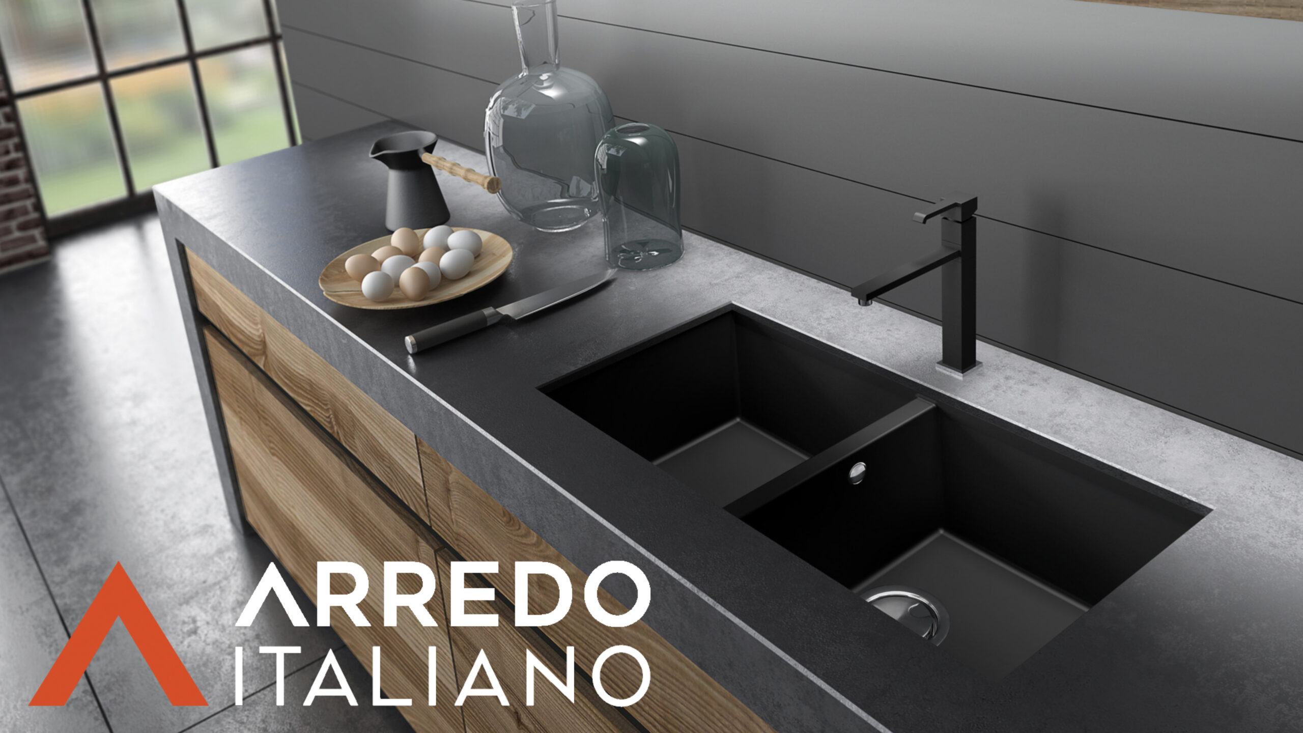 Cucina moderna con lavabo e coltello su piano.