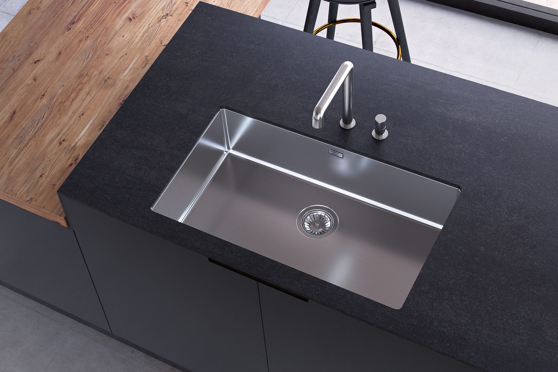 Lavello da cucina moderno con rubinetto e piano.