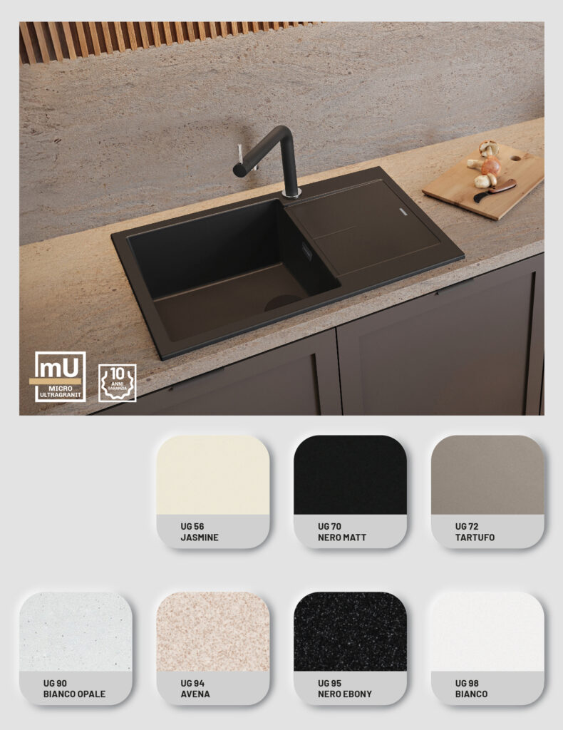 Lavello nero con rubinetto e campioni di colori.