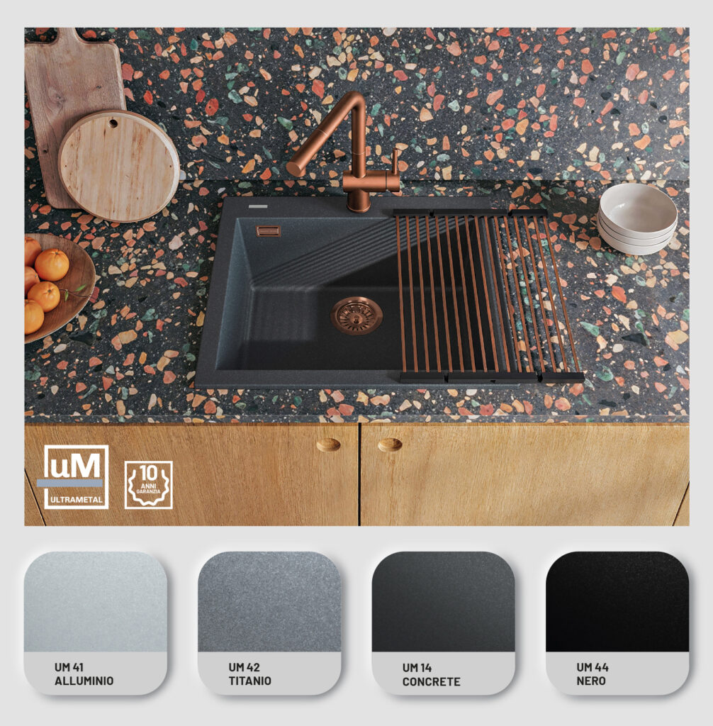 Lavello cucina moderno con rubinetto e design colorato.