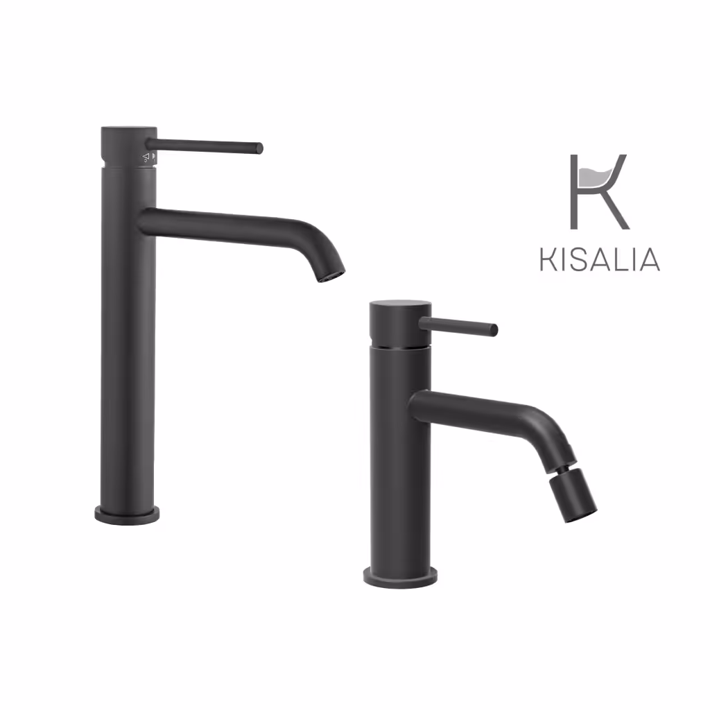 Set Miscelatore Lavabo Kisalia ROUND200 e Bidet Kisalia ROUND101 finitura NERO OPACO senza scarico