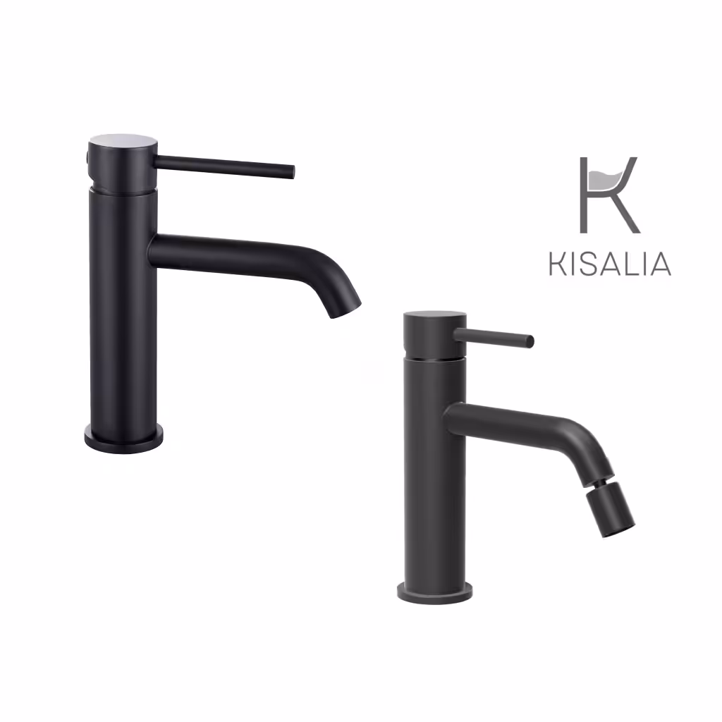 Set Miscelatore Lavabo Kisalia ROUND100 e Bidet Kisalia ROUND101 finitura NERO OPACO senza scarico