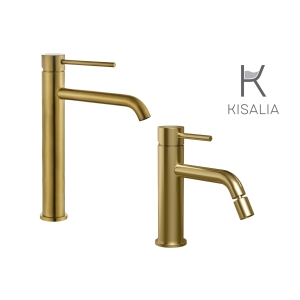 Set Miscelatore Lavabo Kisalia ROUND200 e Bidet Kisalia ROUND101 finitura GOLD senza scarico